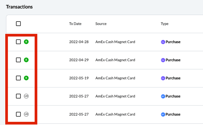 What are the R and UR indicators I see next to my transactions